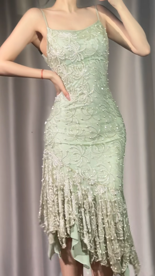 Fashion Long Green Prom Dress Beaded Chiffon Spaghetti Straps Sheath Evening Dress ED07269