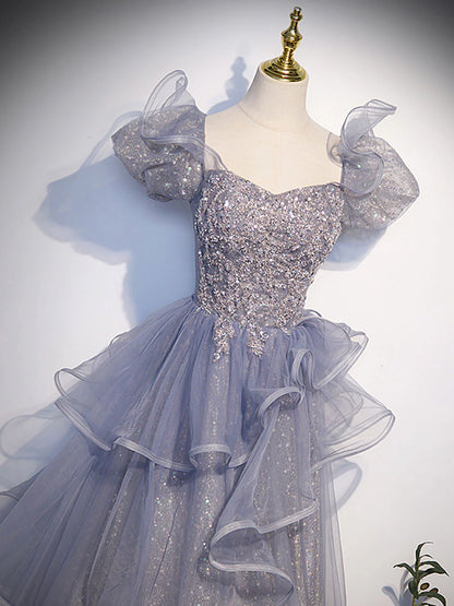 A-Line Gray Sequin Long Prom Dress, Sequin Tulle Formal Evening Dresses ED0727