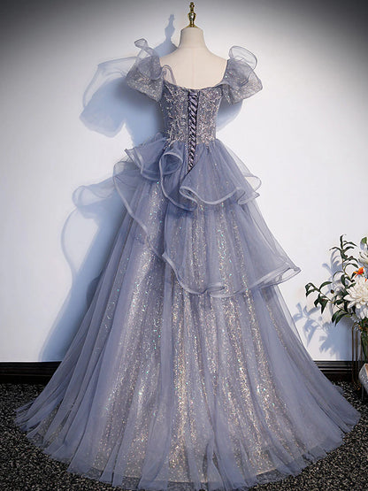 A-Line Gray Sequin Long Prom Dress, Sequin Tulle Formal Evening Dresses ED0727