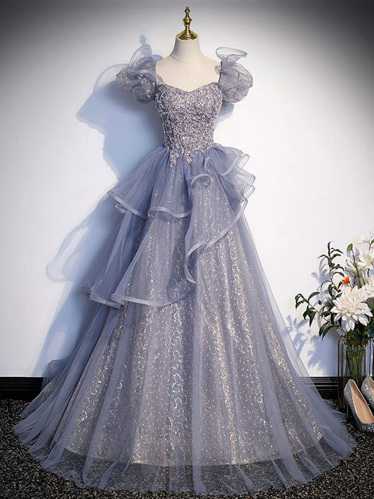 A-Line Gray Sequin Long Prom Dress, Sequin Tulle Formal Evening Dresses ED0727