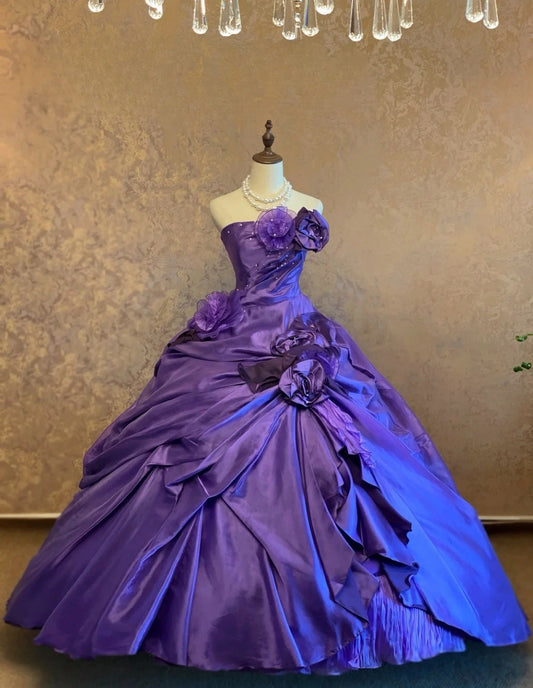 Fashion Long Purple Prom Dress Satin Strapless A-Line Evening Dress Sweet 16 Dress ED07270