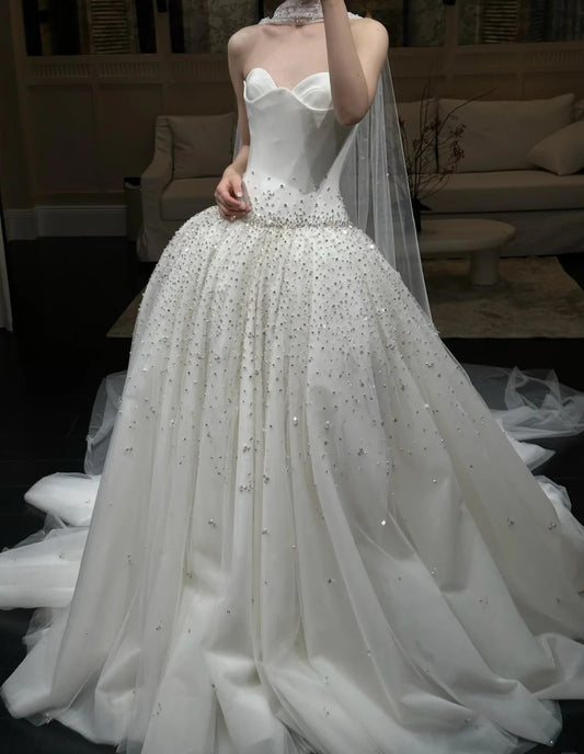 Fashion Long White Wedding Dress Satin Strapless A-Line Bridal Dress Tulle Sequins Bridal Gowns ED07271
