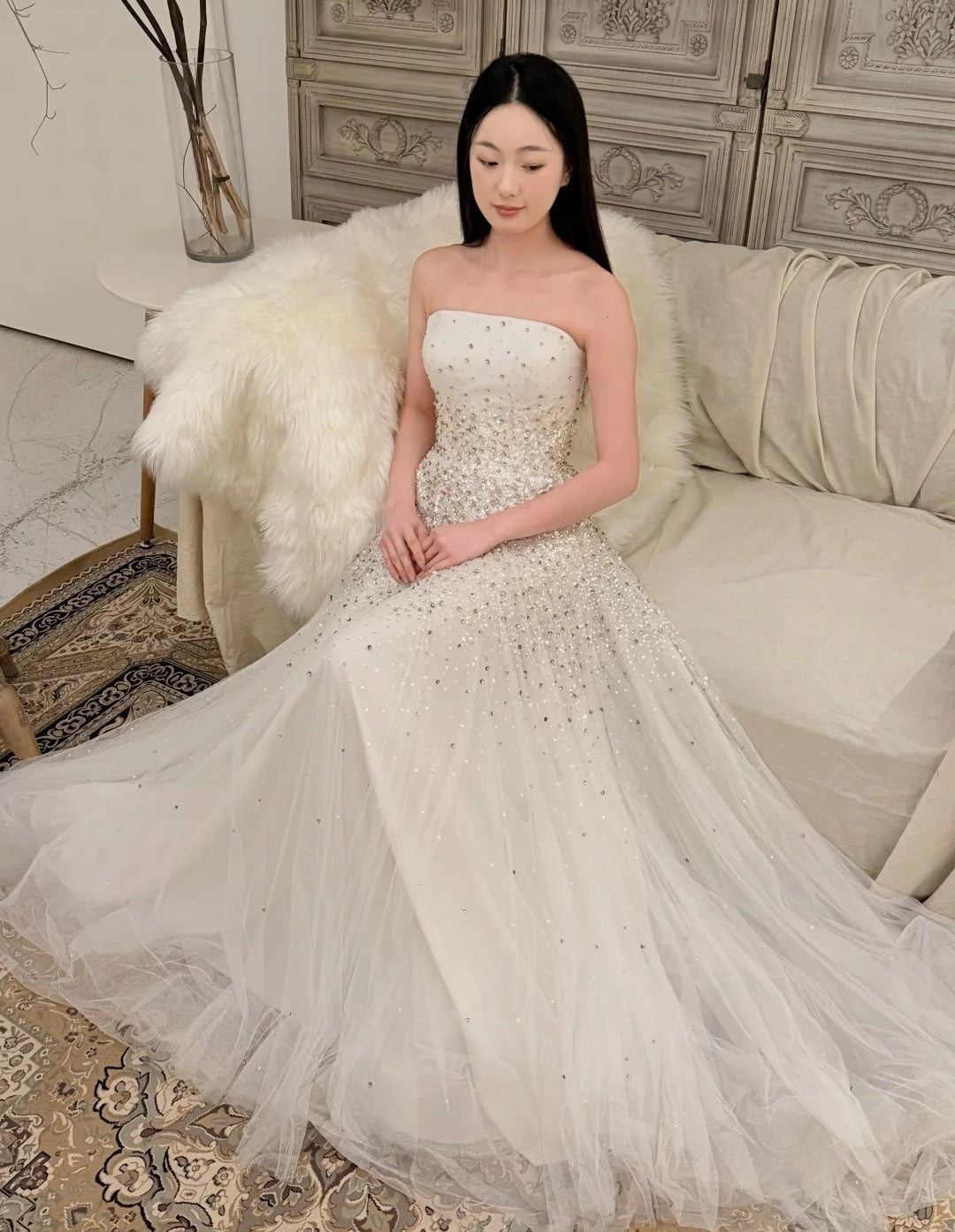 Fashion Long White Wedding Dress Strapless A-Line Bridal Dress Tulle Sequins Bridal Gowns  ED07272