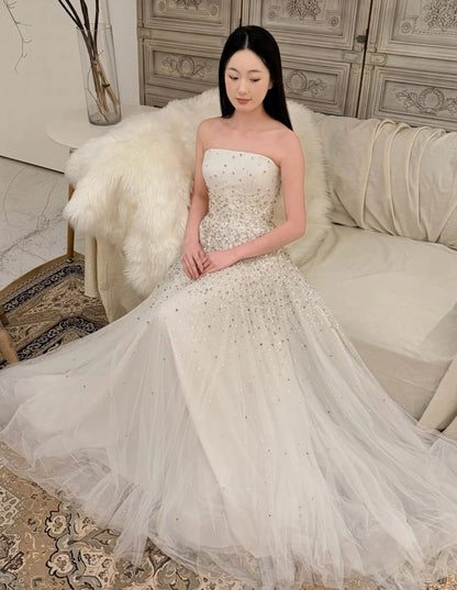 Fashion Long White Wedding Dress Strapless A-Line Bridal Dress Tulle Sequins Bridal Gowns  ED07272