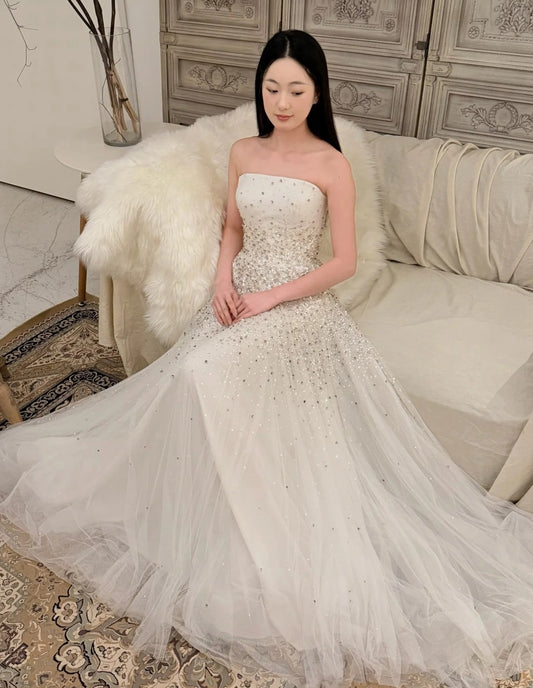 Fashion Long White Wedding Dress Strapless A-Line Bridal Dress Tulle Sequins Bridal Gowns  ED07272