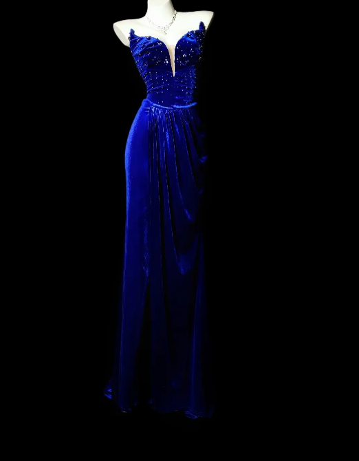 Chic Long Royal Blue Prom Dress Velvet Sweetheart Sheath Evening Dress ED07277