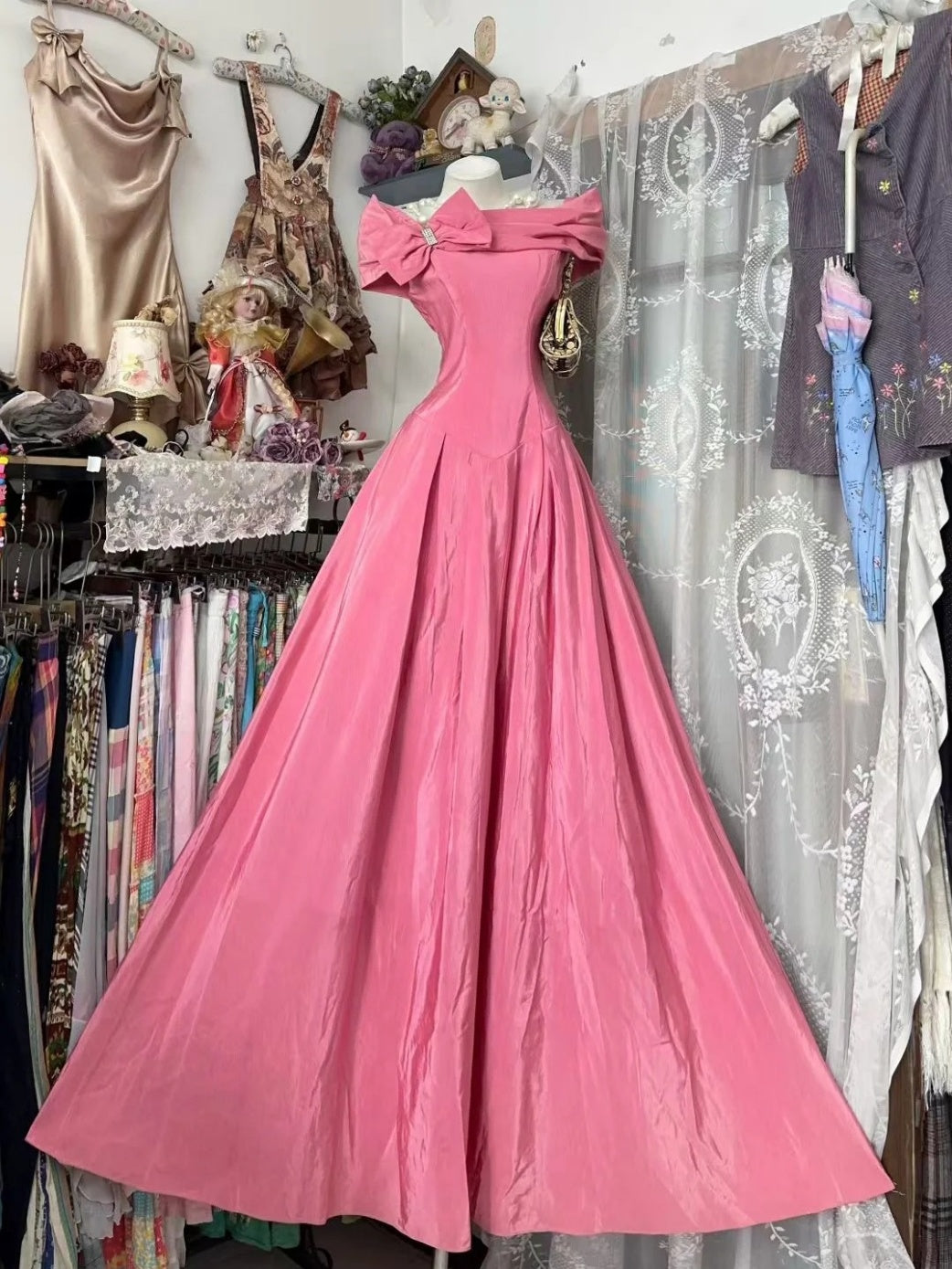 Cute Long Pink Prom Dress Off-shoulder Satin A-Line Evening Dress ED07280