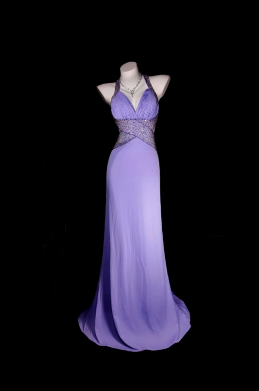 Elegant Long Purple Prom Dress  V-neck Beaded Sheath Evening Dress ED07281