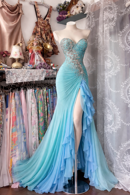 Chic Long Blue Prom Dress  Beaded Chiffon Sweetheart Sheath Evening Dress with Slit ED07286