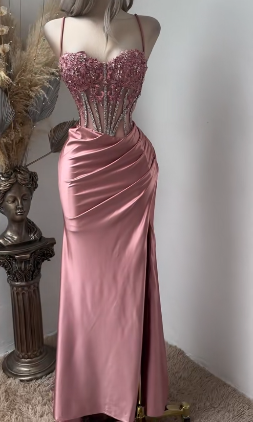 Gorgeous Long Pink Prom Dress  Beaded Satin Spaghetti Straps Sheath Evening Dress with Slit ED07287