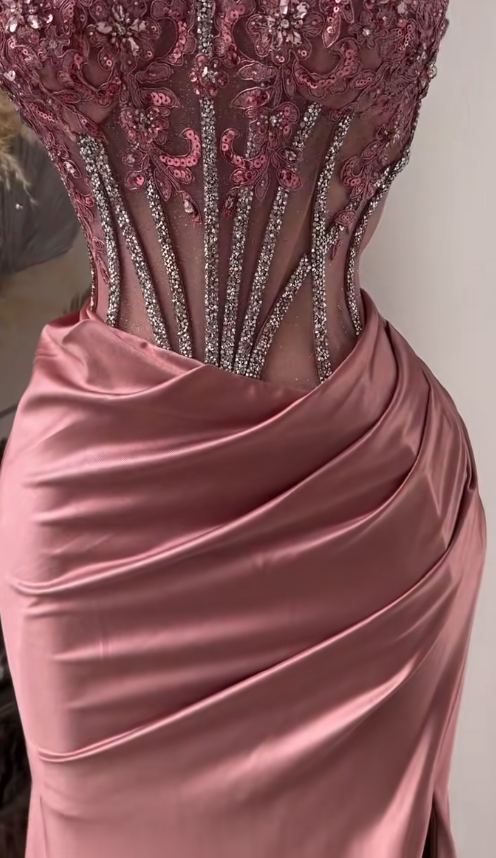 Gorgeous Long Pink Prom Dress  Beaded Satin Spaghetti Straps Sheath Evening Dress with Slit ED07287