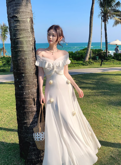 Niedliches langes weißes Chiffon-Abendkleid mit schulterfreiem A-Linien-Schnitt ED07288