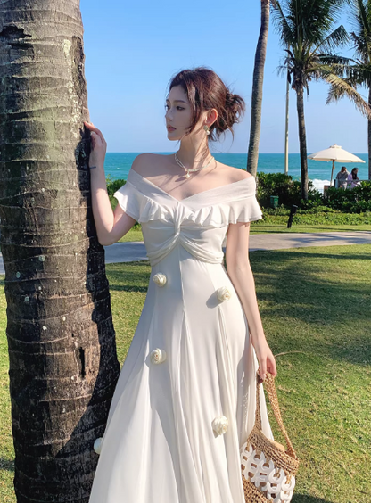 Niedliches langes weißes Chiffon-Abendkleid mit schulterfreiem A-Linien-Schnitt ED07288