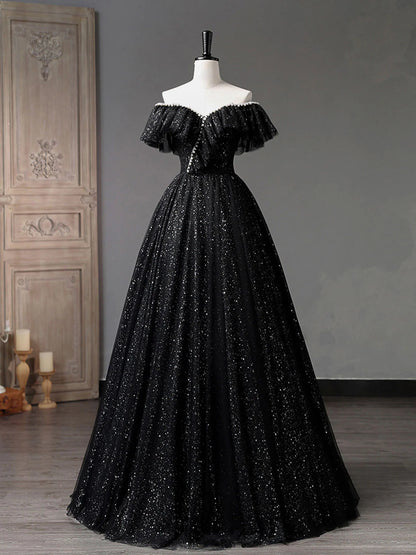 Robe de bal longue noire en tulle à épaules dénudées, robe de soirée formelle noire ED0729