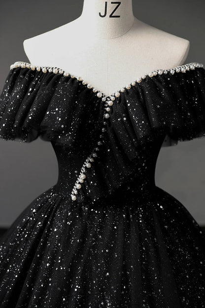 Robe de bal longue noire en tulle à épaules dénudées, robe de soirée formelle noire ED0729