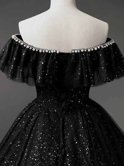 Robe de bal longue noire en tulle à épaules dénudées, robe de soirée formelle noire ED0729