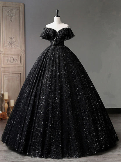 Robe de bal longue noire en tulle à épaules dénudées, robe de soirée formelle noire ED0729