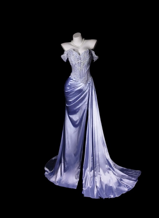 Gorgeous Long Purple Prom Dress Satin Applique Off-shoulder Sheath Evening Dress ED07290