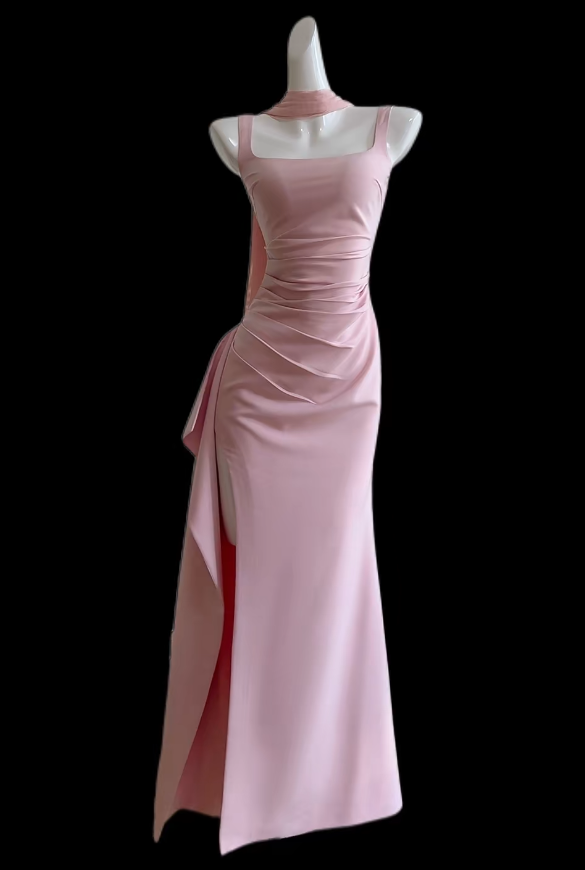 Niedliches rosa Ballkleid mit Spaghettiträgern, Etuikleid mit Schlitz ED07291