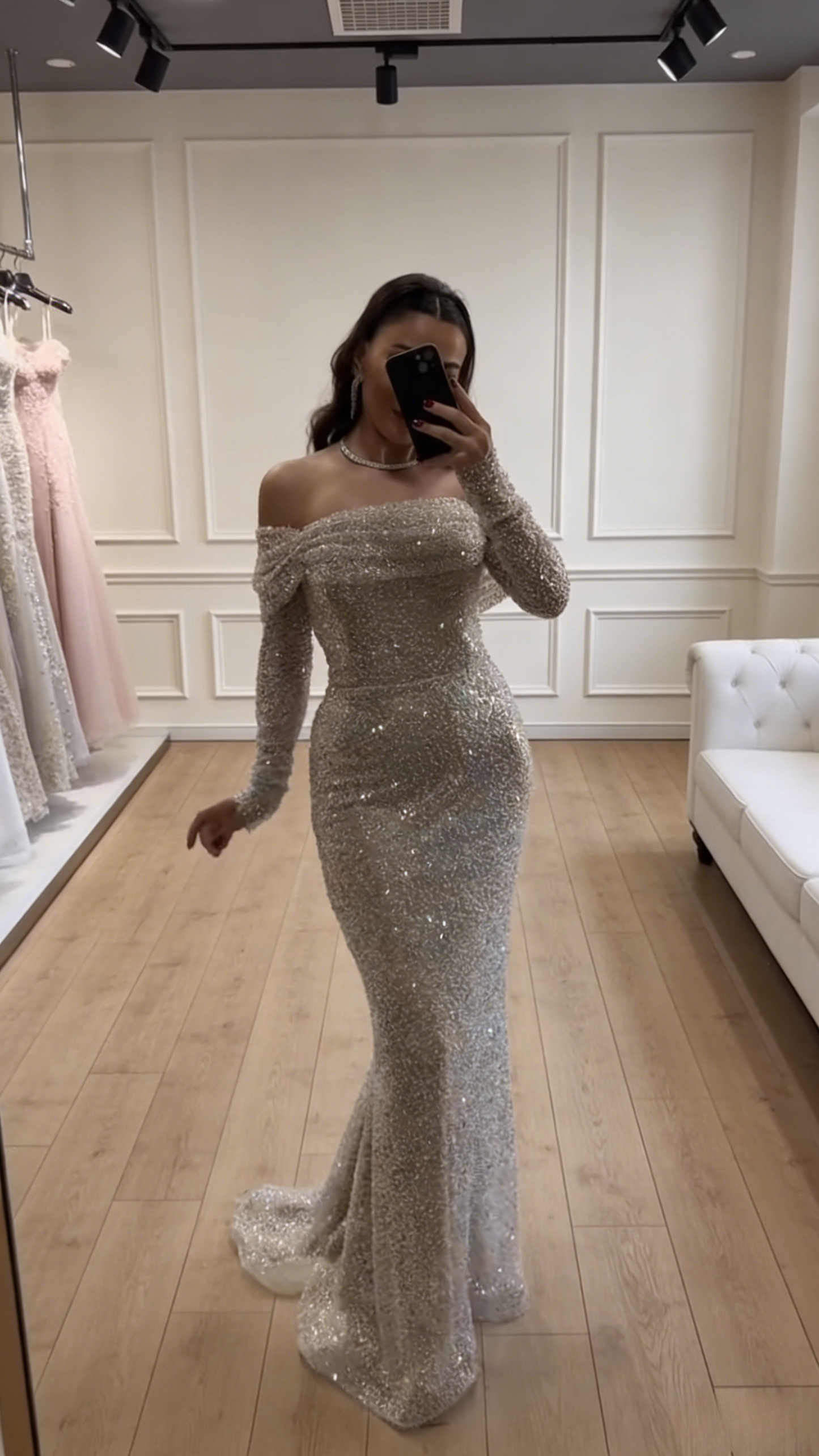 Chic Tulle Prom Dress Sequins Off-shoulder Sheath Long Evening Dress ED07295