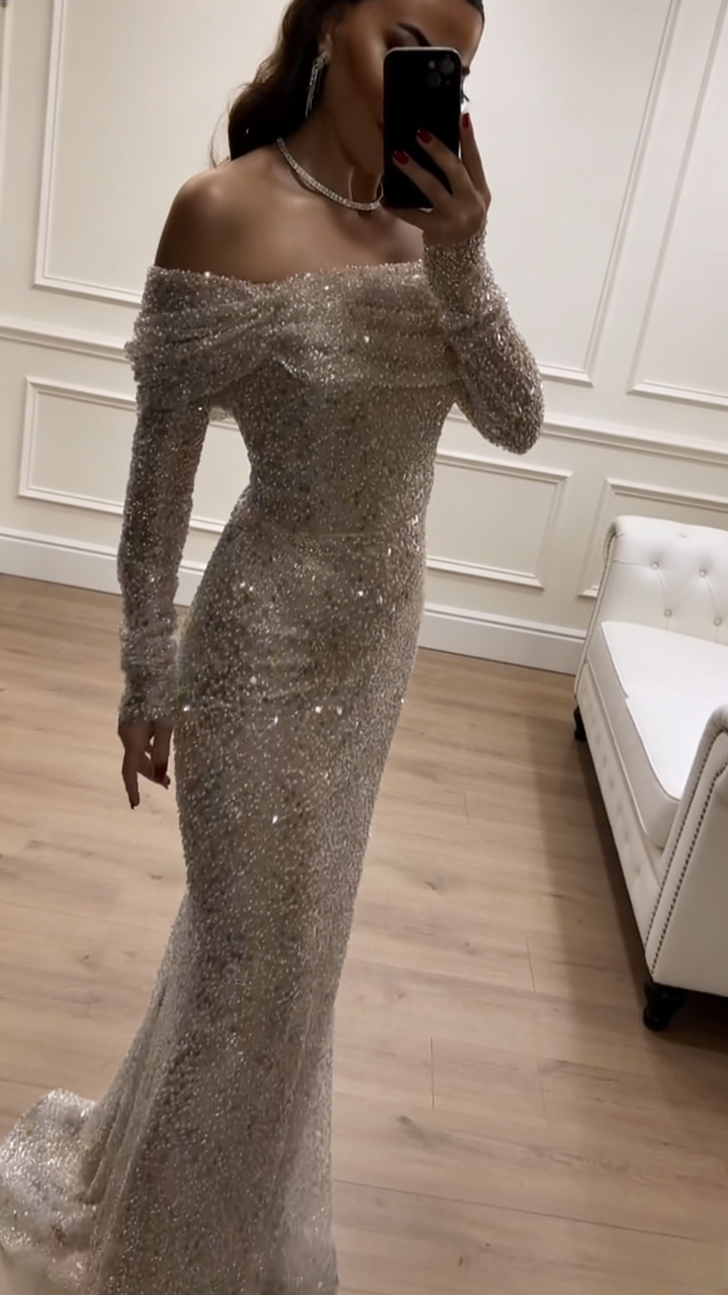 Chic Tulle Prom Dress Sequins Off-shoulder Sheath Long Evening Dress ED07295