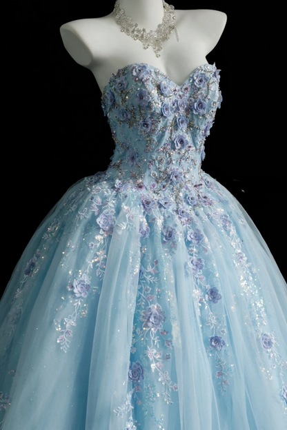 Robe de bal bleue chic avec appliques en tulle, coupe trapèze, longue robe de soirée décolletée en cœur, sans manches, robe d'anniversaire ED07297