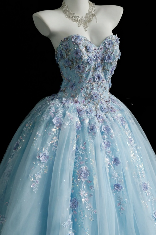 Chic Blue Prom Dress Tulle Appliques A-Line Long Evening Dress Sweetheart Sleeveless Birthday Dress ED07297