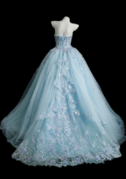 Robe de bal bleue chic avec appliques en tulle, coupe trapèze, longue robe de soirée décolletée en cœur, sans manches, robe d'anniversaire ED07297