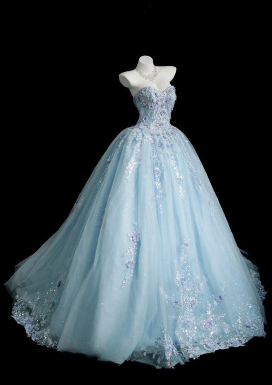 Chic Blue Prom Dress Tulle Appliques A-Line Long Evening Dress Sweetheart Sleeveless Birthday Dress ED07297