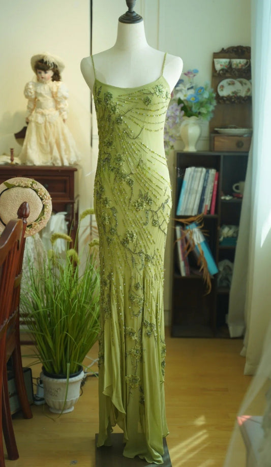 Elegantes grünes Chiffon-Abendkleid mit Perlenbesatz, langes Etuikleid mit Spaghettiträgern, Geburtstagskleid ED07299