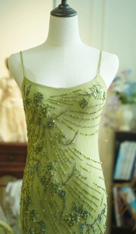 Elegantes grünes Chiffon-Abendkleid mit Perlenbesatz, langes Etuikleid mit Spaghettiträgern, Geburtstagskleid ED07299