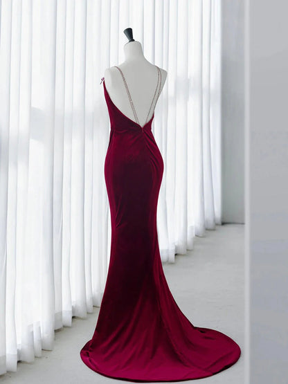 Mermaid Backless Velvet Burgundy Long Prom Dress with Beads   ED073