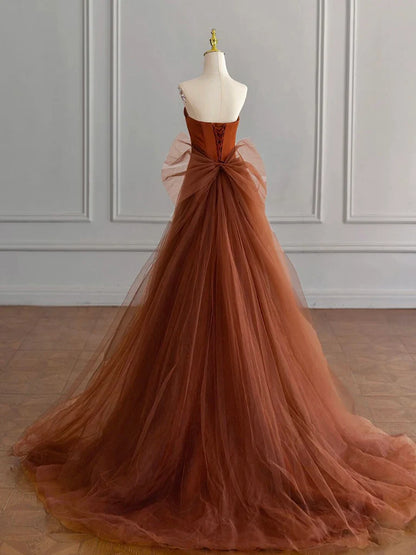 Robe de bal longue en satin marron, style sirène, unique, robe de soirée longue marron ED0730