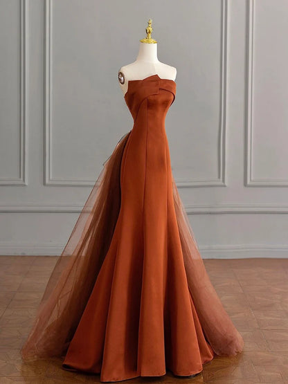 Robe de bal longue en satin marron, style sirène, unique, robe de soirée longue marron ED0730