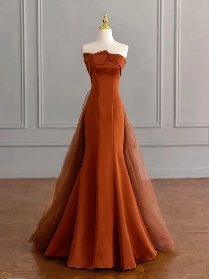 Robe de bal longue en satin marron, style sirène, unique, robe de soirée longue marron ED0730