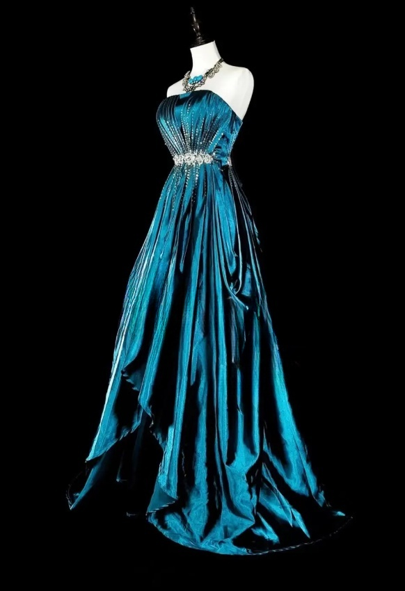 Elegantes, türkisfarbenes Ballkleid aus Satin mit Perlenbesatz, trägerloses Geburtstagskleid, langes A-Linien-Abendkleid ED07301