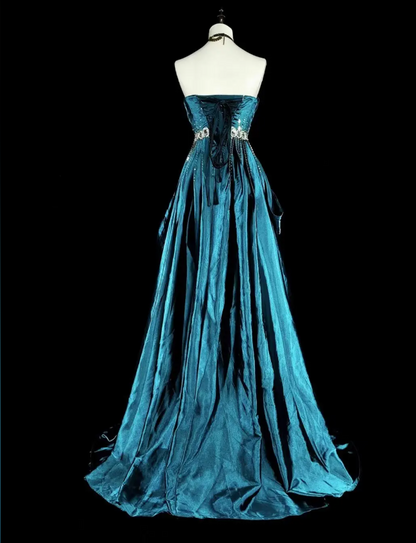 Elegantes, türkisfarbenes Ballkleid aus Satin mit Perlenbesatz, trägerloses Geburtstagskleid, langes A-Linien-Abendkleid ED07301