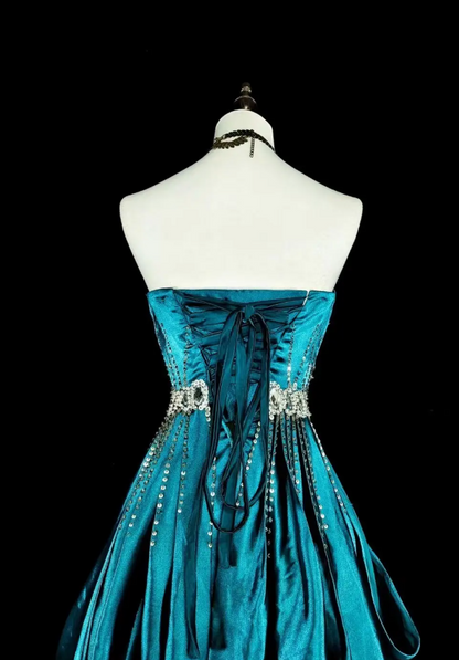 Elegantes, türkisfarbenes Ballkleid aus Satin mit Perlenbesatz, trägerloses Geburtstagskleid, langes A-Linien-Abendkleid ED07301