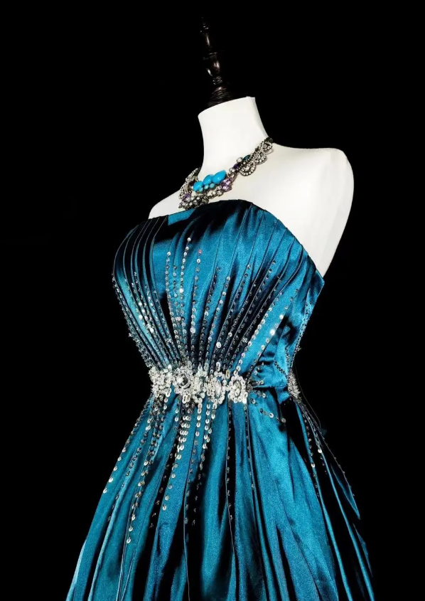 Elegantes, türkisfarbenes Ballkleid aus Satin mit Perlenbesatz, trägerloses Geburtstagskleid, langes A-Linien-Abendkleid ED07301