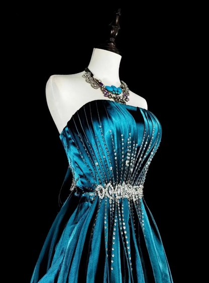 Elegantes, türkisfarbenes Ballkleid aus Satin mit Perlenbesatz, trägerloses Geburtstagskleid, langes A-Linien-Abendkleid ED07301