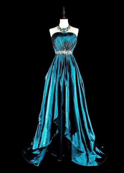 Elegantes, türkisfarbenes Ballkleid aus Satin mit Perlenbesatz, trägerloses Geburtstagskleid, langes A-Linien-Abendkleid ED07301