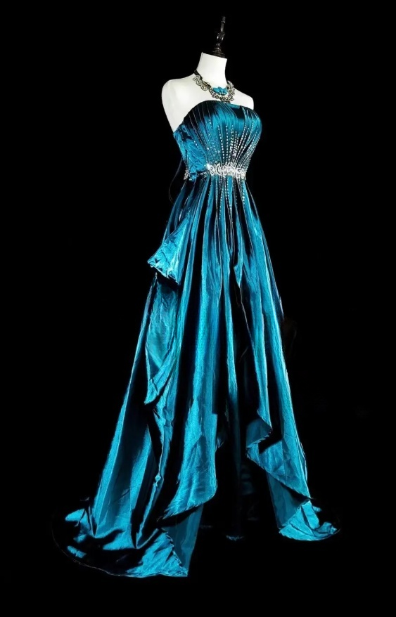 Elegantes, türkisfarbenes Ballkleid aus Satin mit Perlenbesatz, trägerloses Geburtstagskleid, langes A-Linien-Abendkleid ED07301