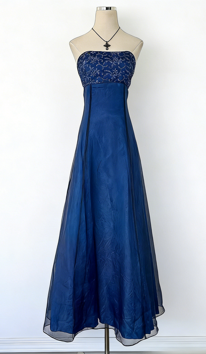 Vintage Blue Prom Dress Satin Beaded Strapless Birthday Dress A-Line Long Evening Dress  ED07302