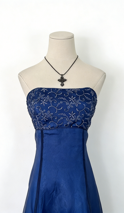 Vintage Blue Prom Dress Satin Beaded Strapless Birthday Dress A-Line Long Evening Dress  ED07302