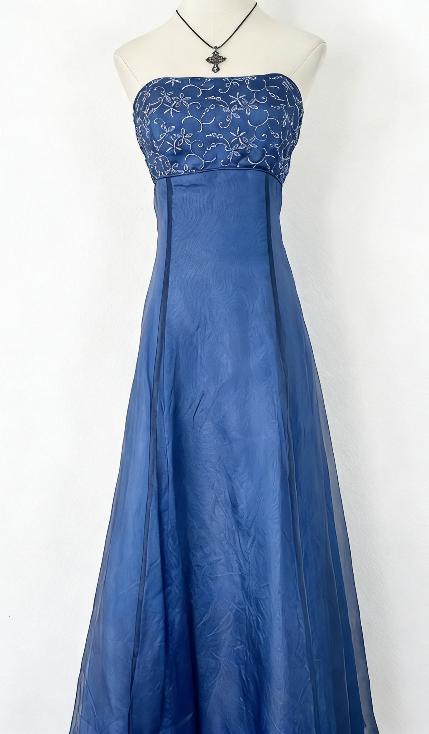 Vintage Blue Prom Dress Satin Beaded Strapless Birthday Dress A-Line Long Evening Dress  ED07302