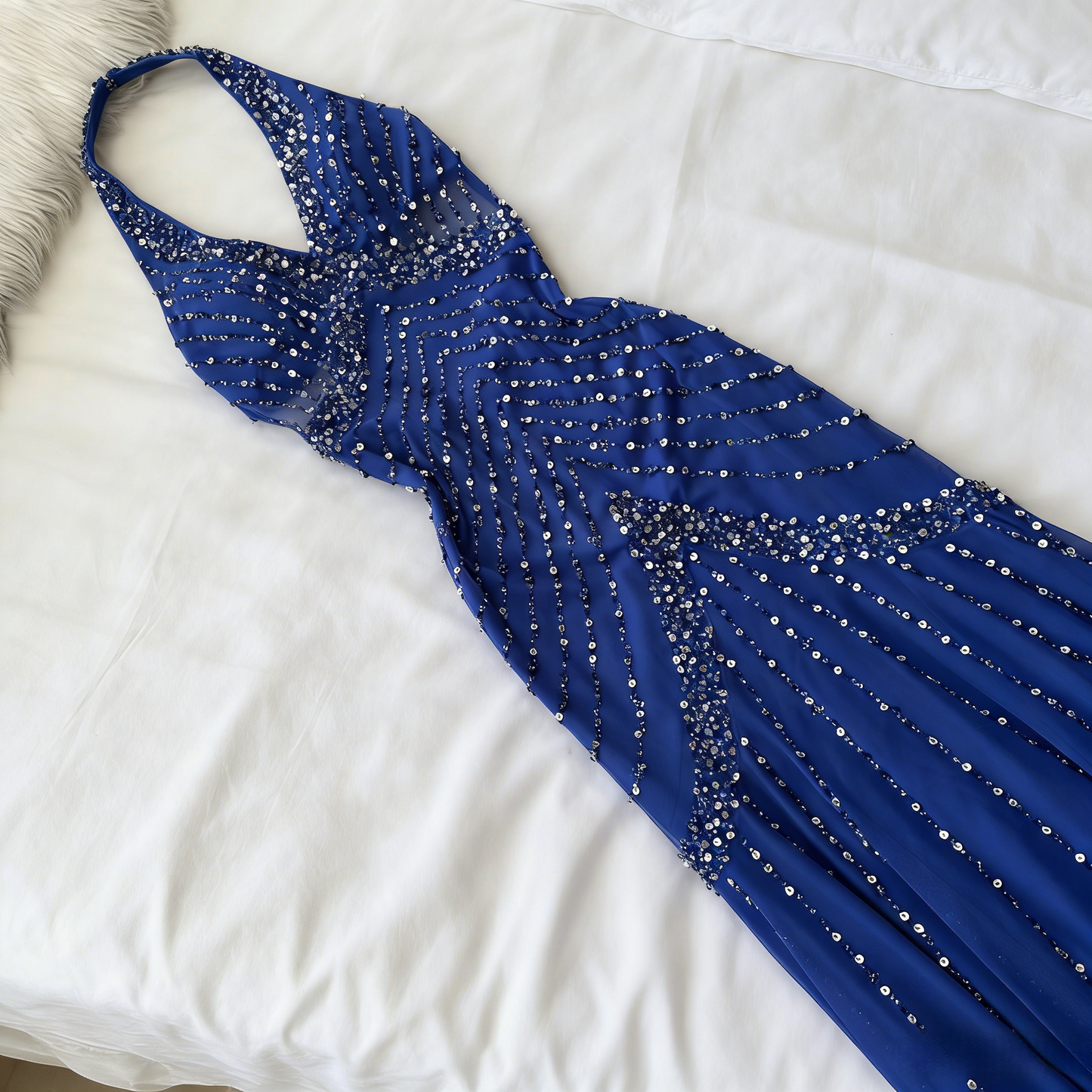 Robe de bal vintage bleu roi à sequins et perles, dos nu, robe d'anniversaire, robe fourreau longue en mousseline de soie, robe de soirée ED07303