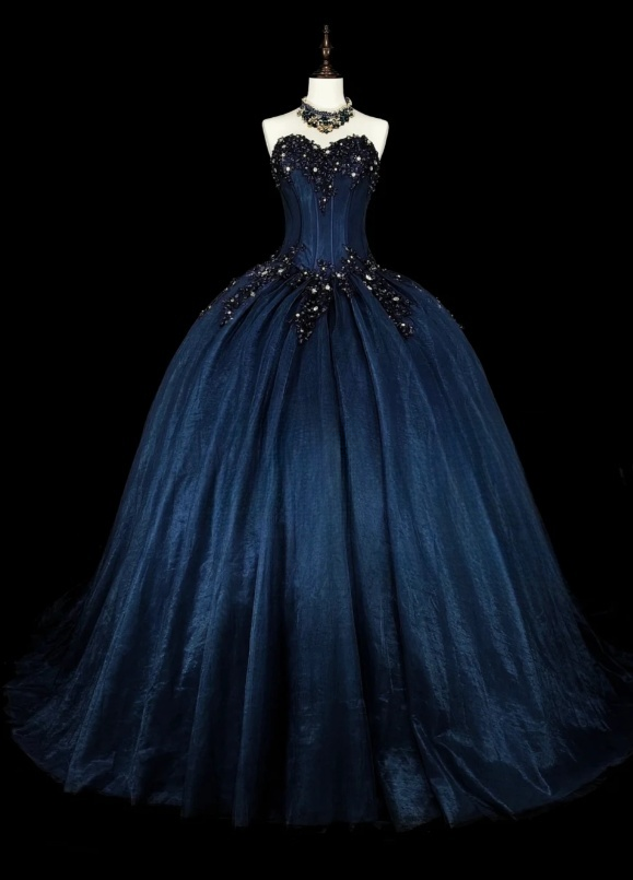 Cute Long Navy Blue Prom Dress Tulle A-Line Sweetheart Evening Dress Sleeveless Birthday Dress ED07306