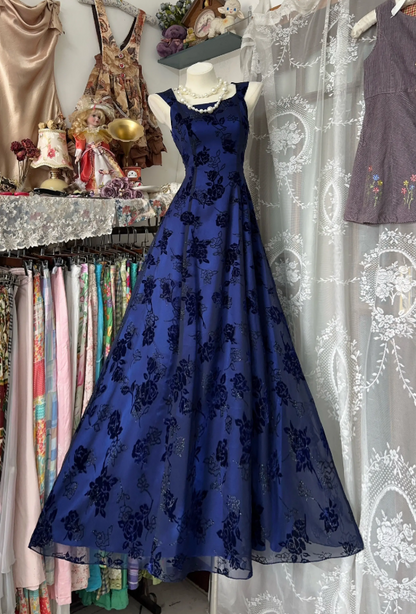 Chic Blue Long Prom Dress Printed Tulle Straps A-Line Evening Dress Sleeveless Birthday Dress ED07308
