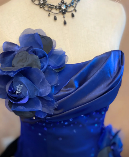Robe de bal longue bleu roi sans bretelles, robe de soirée en satin coupe A, robe d'anniversaire sans manches ED07309