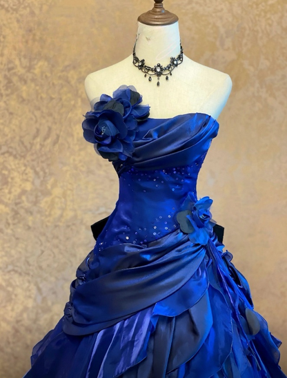 Robe de bal longue bleu roi sans bretelles, robe de soirée en satin coupe A, robe d'anniversaire sans manches ED07309